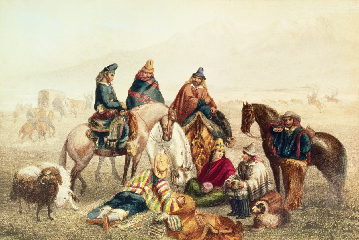 Trajes de rústicos chilenos, ilustração de &39;Historia de Chile&39;, de Claudio Gay, gravada por Laemlein, 1854 de Johann Moritz Rugendas