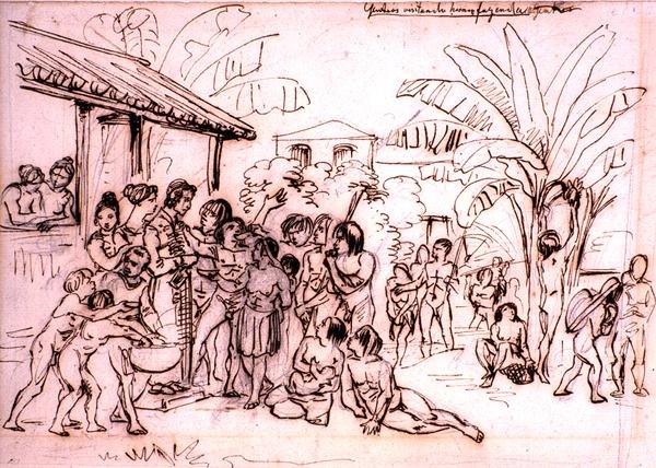 Índios visitando uma fazenda, Brasil, c.1825 (caneta e tinta marrom sobre lápis) de Johann Moritz Rugendas