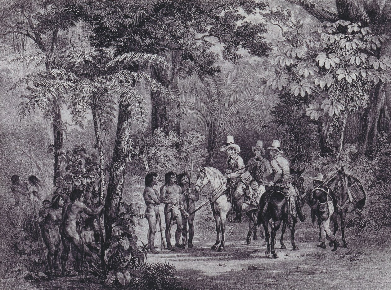 Encontro dos índios com os exploradores europeus da &39;Viagem pitoresca ao Brasil&39; de Johann Moritz Rugendas