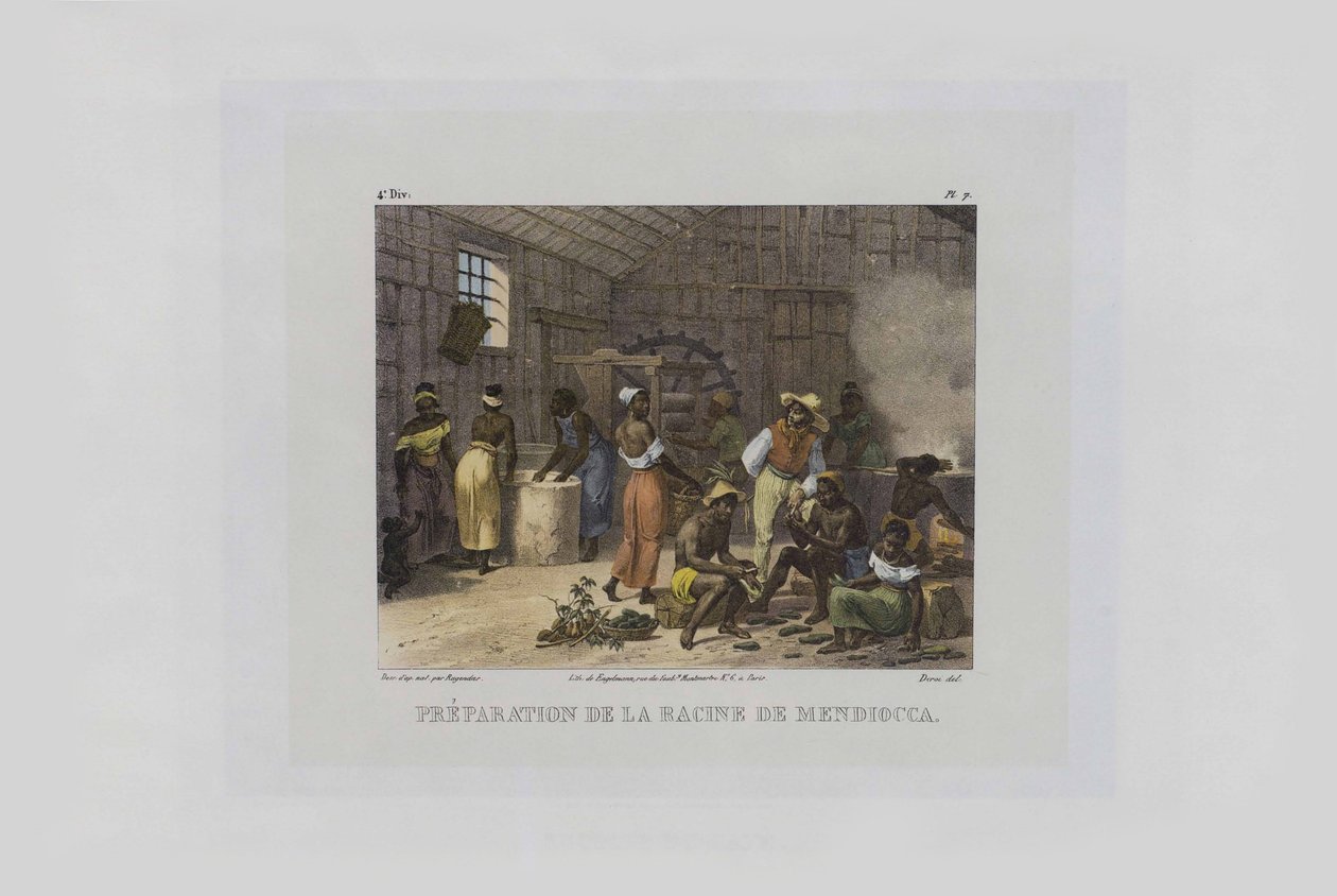 Preparação de raízes de mandioca. Da Viagem Pitoresca no Brasil, 1830-1835. de Johann Moritz Rugendas