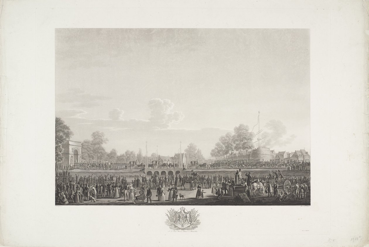 Chegada do rei Guilherme I em Bruxelas, 1815 Doze placas da chegada e inauguração de William I em Bruxelas e as batalhas em Quatre-Bras e Waterloo em 1815 (título da série) de Johann Nepomuk Gibèle
