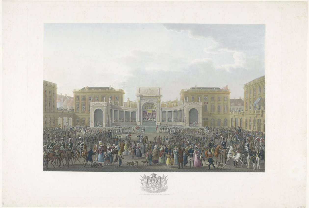 Inauguração de William I em Bruxelas em 21 de setembro de 1815 Doze placas da chegada e inauguração de William I em Bruxelas e as batalhas em Quatre-Bras e Waterloo em 1815 (título da série) de Johann Nepomuk Gibèle