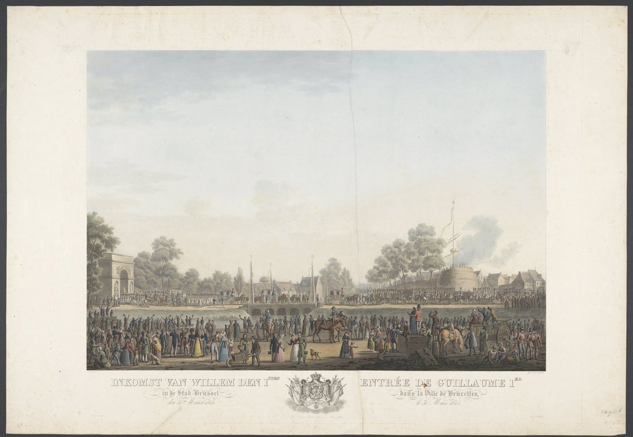 Entrada de William the 1st na Cidade de Bruxelas a 30 de Março de 1815 / Entrée de Guillaume 1er dans la Ville de Bruxelles, le 30 Mars 1815 (título sobre o objecto)
Doze pratos da chegada e inauguração de Guilherme I em Bruxelas e as batalhas em Quatre-B de Johann Nepomuk Gibèle