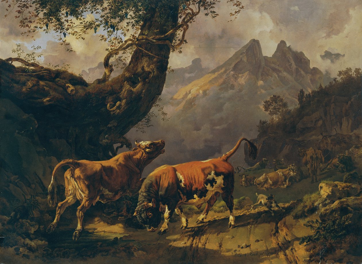 Touro perseguindo uma vaca, na paisagem de fundo perto de Carrara de Johann Nepomuk Rauch