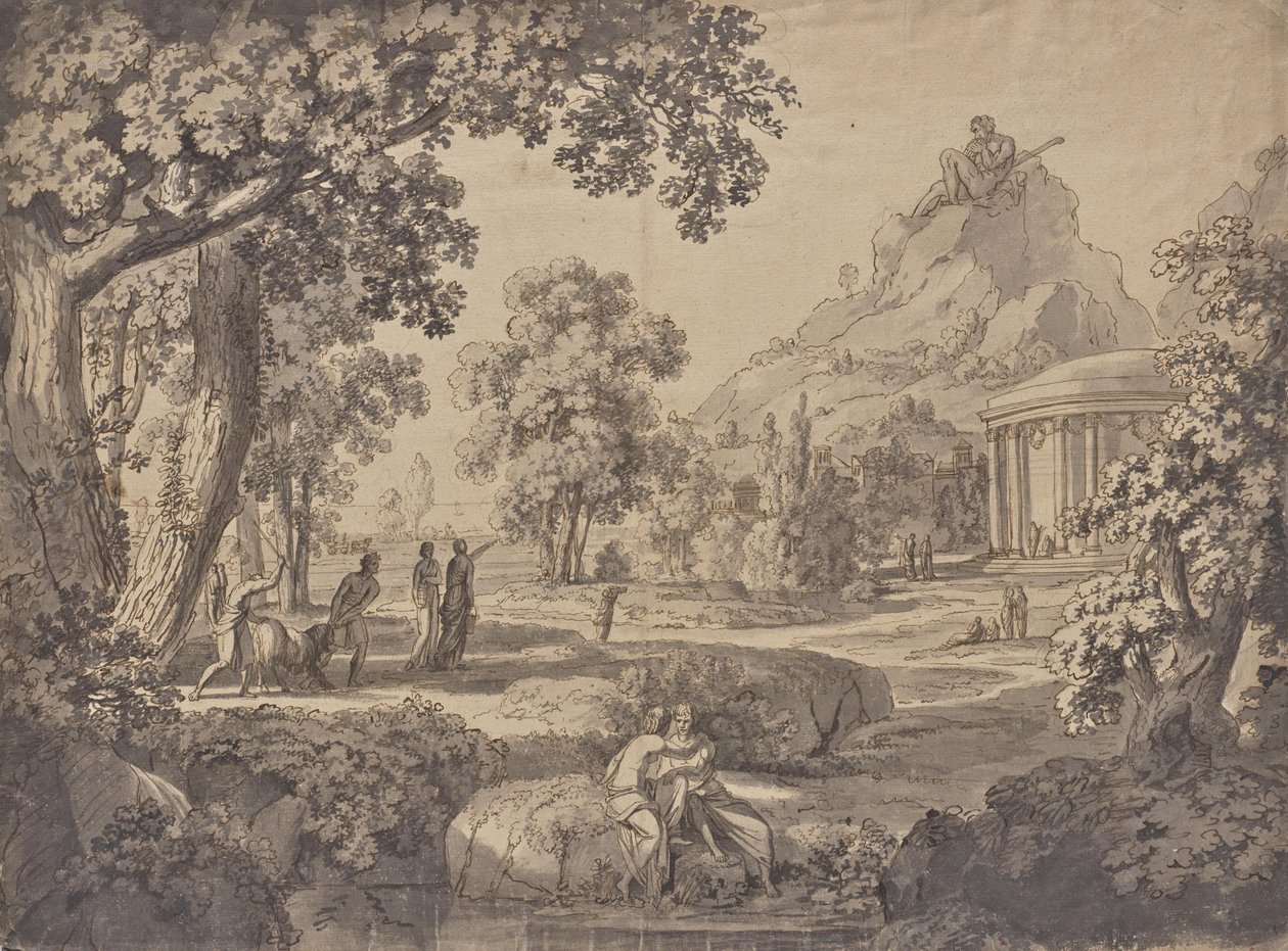 Paisagem clássica com um templo, um gigante numa montanha de Johann Nepomuk Schödlberger