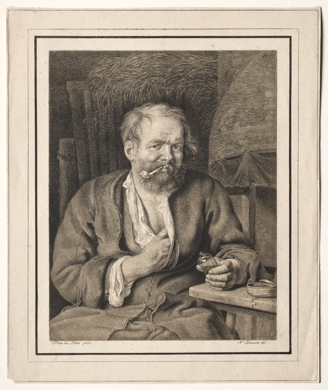 Camponês sentado em uma mesa, fumando um cachimbo de Johann Nepomuk Strixner