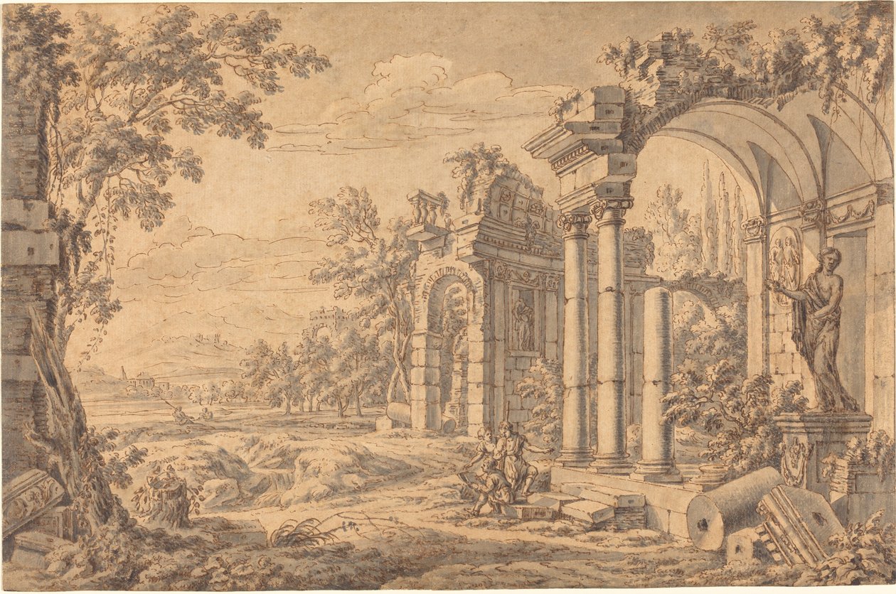 Paisagem com um desenhista entre ruínas antigas de Johann Oswald Harms