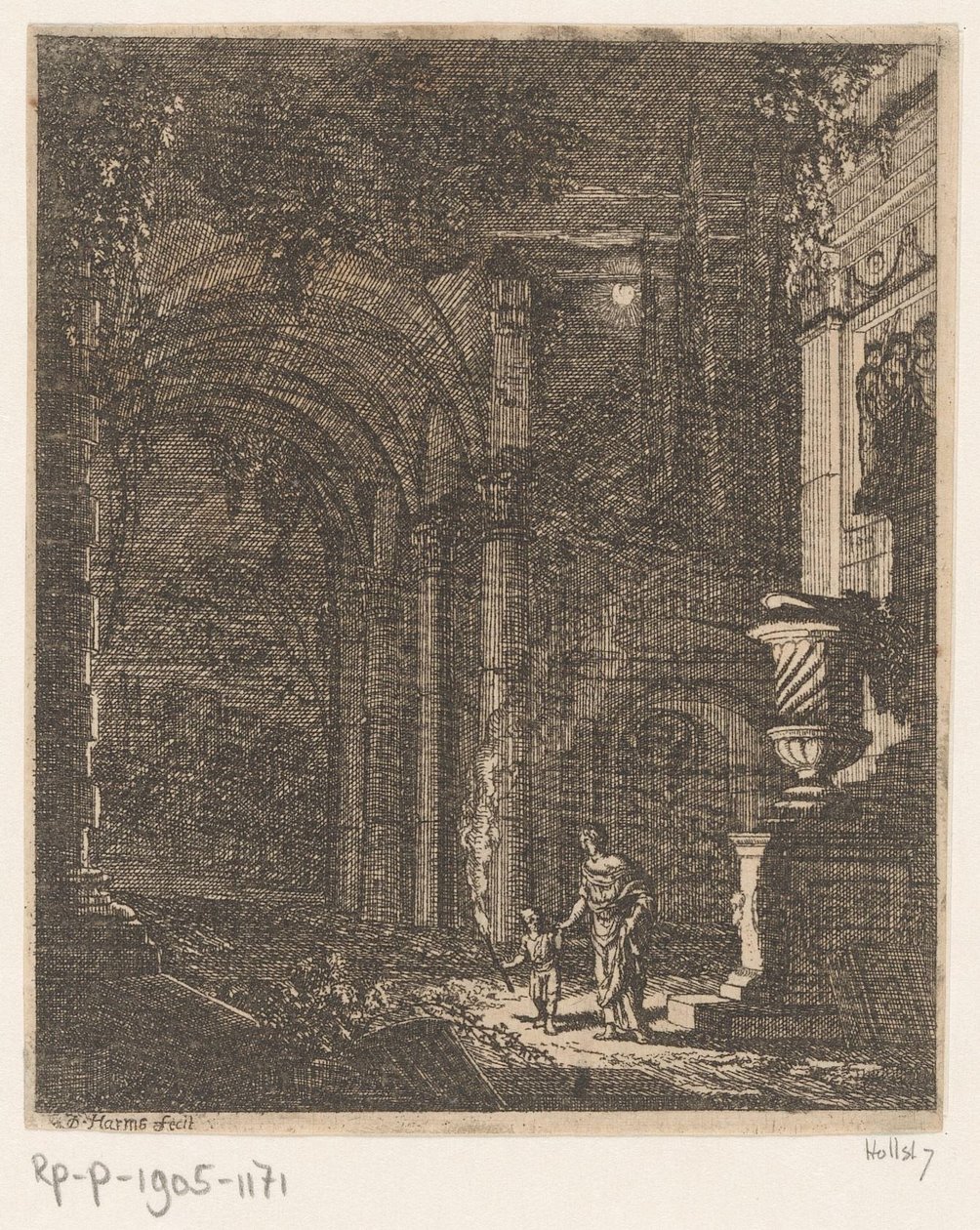 Duas figuras iluminam ruínas antigas com uma tocha
Ruínas e edifícios antigos (título da série)
Alcune Inventione de Ruini et Architectura (...) (título da série) de Johann Oswald Harms