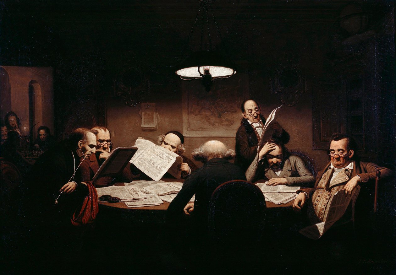 ""A Sala de Leitura"" Homens ao redor de uma mesa mal iluminada leem a imprensa - Pintura de Johann Peter Hasenclever (1810-1853) 1843 Staatliche Museen, Berlim de Johann Peter Hasenclever