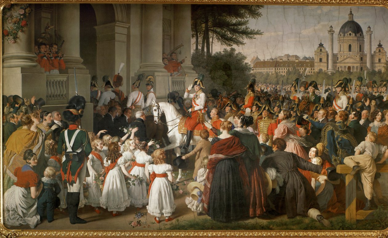 O Imperador Francisco I, regressa a Viena após a batalha de Leipzig ... (pintura mural) de Johann Peter Krafft