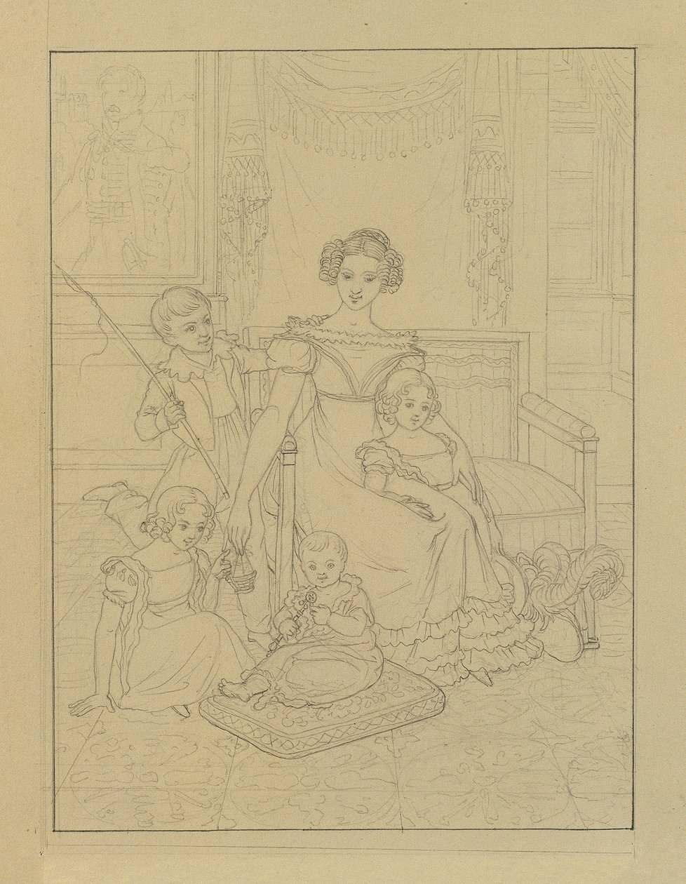 Desenho de contorno de uma mãe com quatro filhos de Johann Peter Krafft