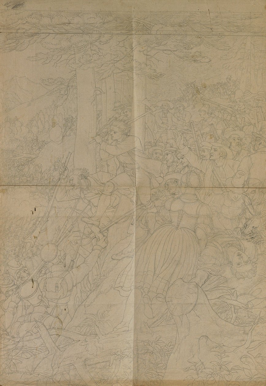 Desenho de contorno para a "Cena da luta tirolesa pela liberdade" de Johann Peter Krafft