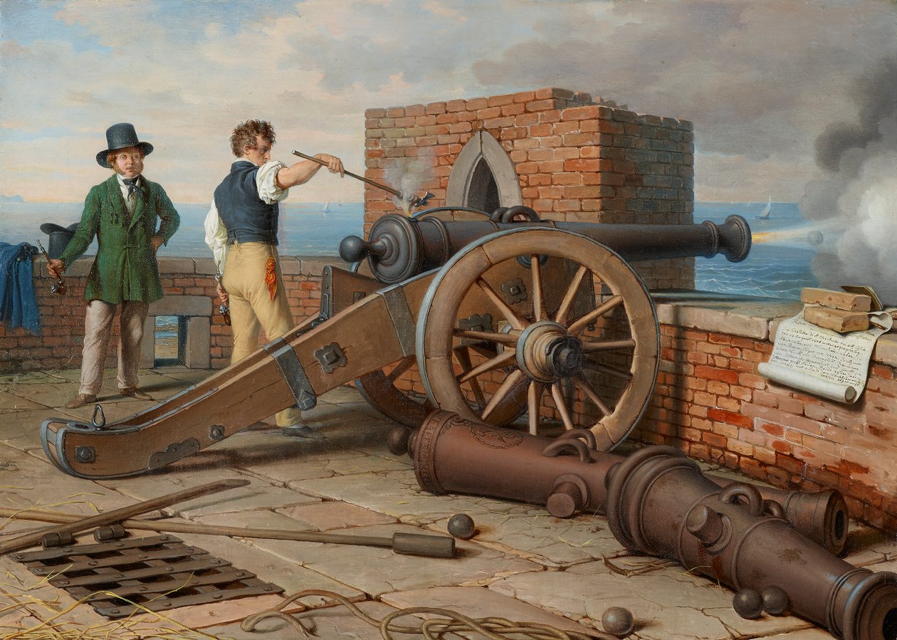 Os amigos artistas resolvem um tiro de canhão contra a fortaleza Michele perto de Ostia (Ferdinand Jagemann e Peter Krafft) de Johann Peter Krafft
