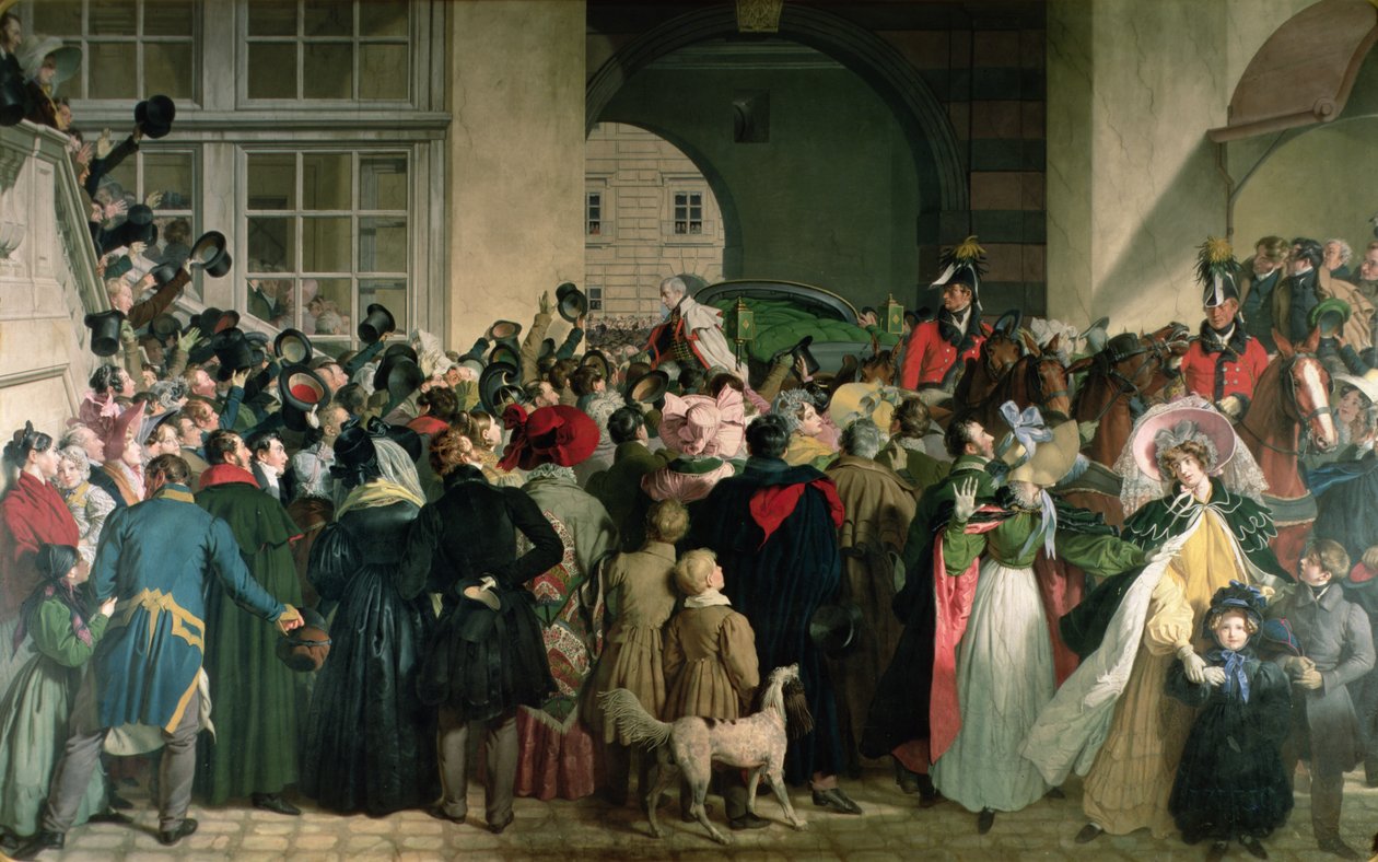O retorno de Francisco I da Áustria (II do Sacro Império Romano) (1768-1835) a Presburg em 27 de novembro de 1809, 1828-1832 (encáustica) de Johann Peter Krafft