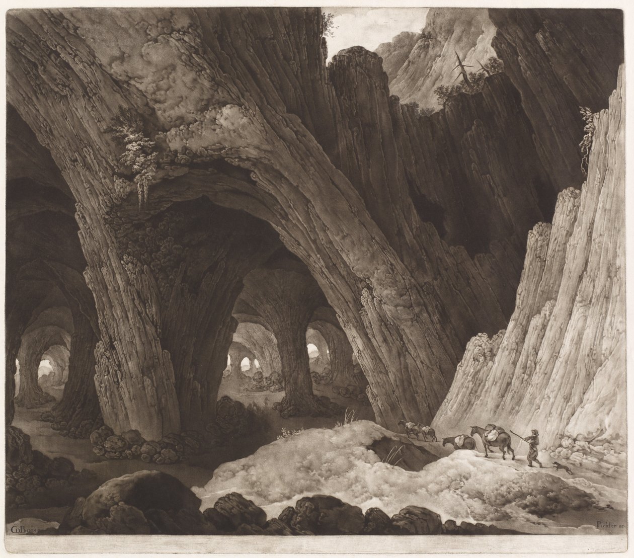 Viajantes descansando em cavernas gigantescas de Johann Peter Pichler, after Guillam Dubois