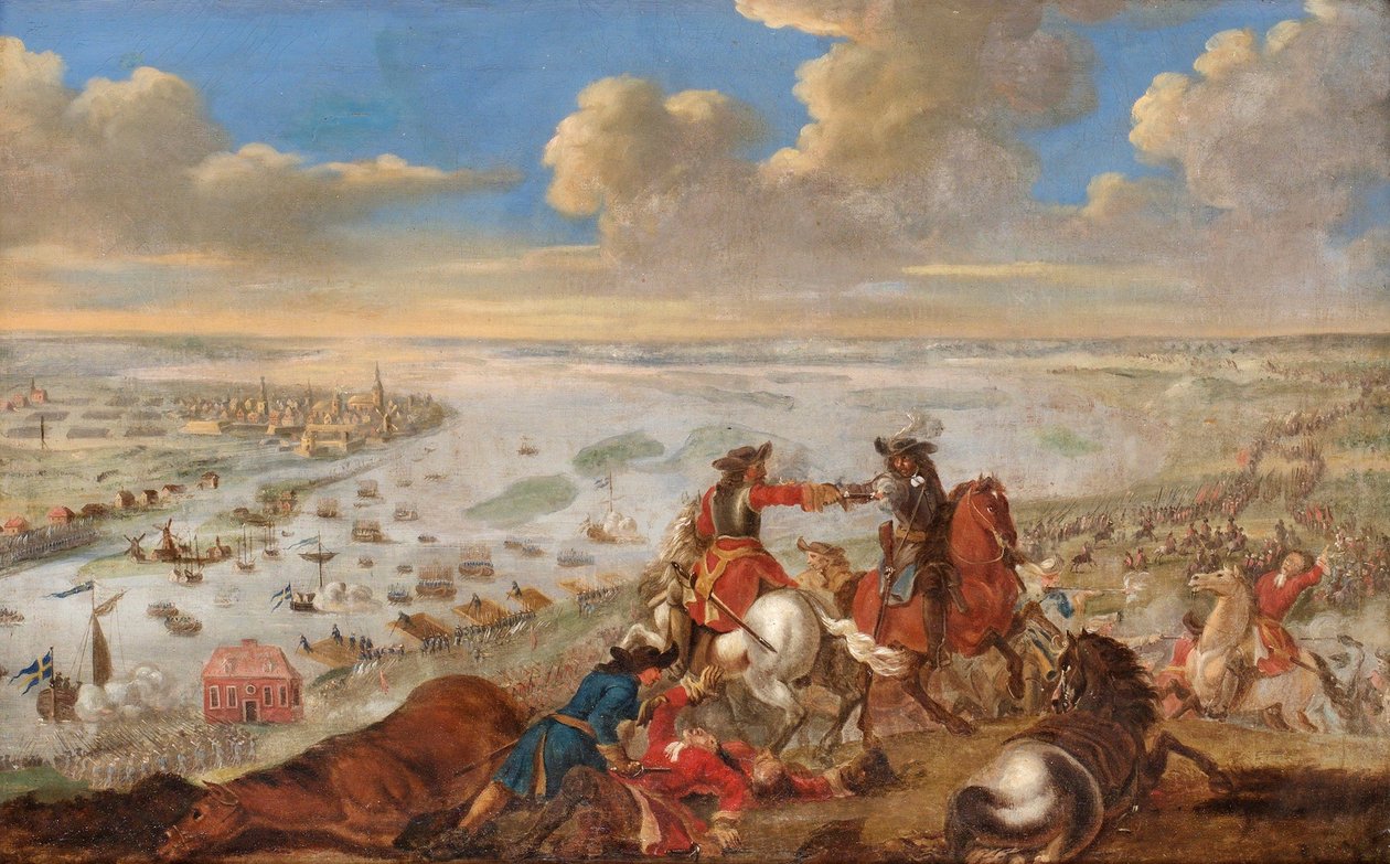 Grande Guerra do Norte: Charles (Carl) XII da Suécia (1682-1718) atravessando o rio Daugava em 1701 após a sua vitória na Batalha de Daugava (ou Batalha do Duna) na Letónia - Pintura de Johann Philip Lemke (1631-1711), óleo sobre tela (72,5x114 cm) de Johann Philip Lemke