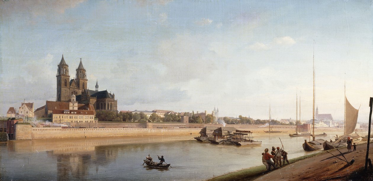 Magdeburgo nas margens do rio Elba - vista do leste para o oeste; Magdeburgo no Elba; Vista de leste a oeste, 1853 de Johann Philipp Eduard Gartner