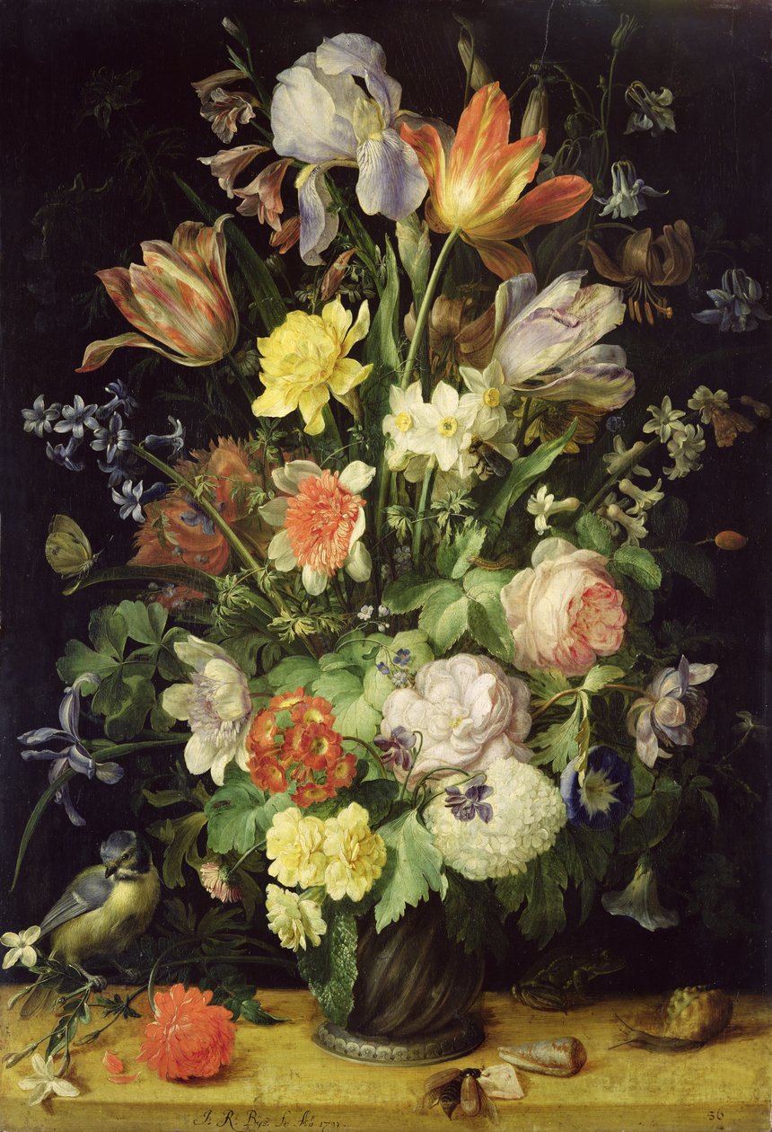 Ainda vida com flores e melharuco azul de Johann Rudolf Byss