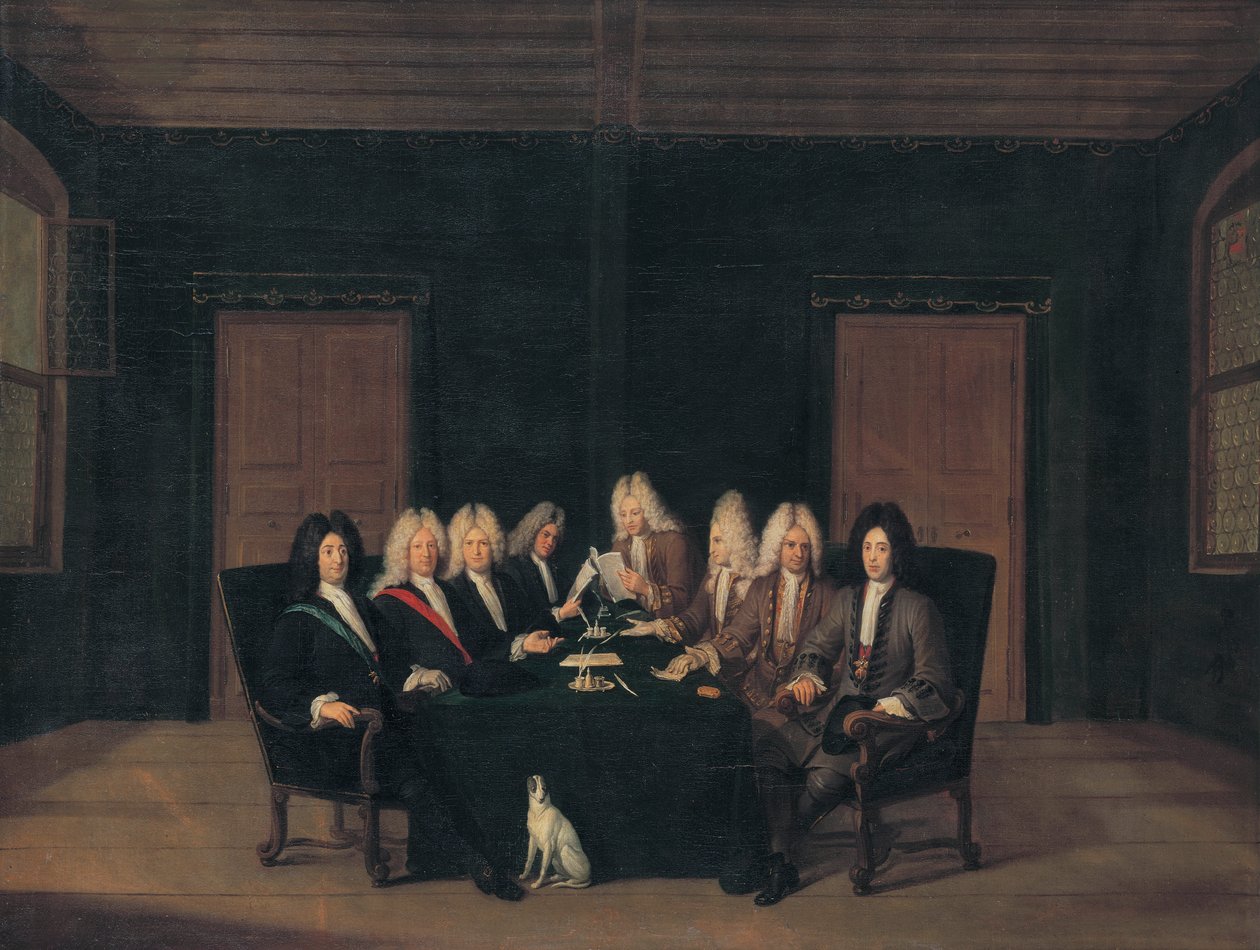 Francês:  Les emissaires au traité de Bade en septembre 1714 Os emissários do congresso de paz de Baden em 7 de setembro de 1714 de Johann Rudolf Huber