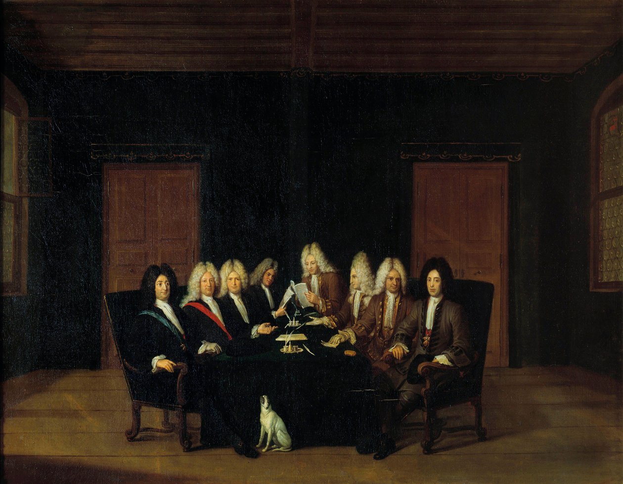 Guerra da Sucessão Espanhola: "Os Plenipotenciários reunidos em torno do Duque Marechal de Villars e do Príncipe Eugene de Savoy-Carignan (Savoie Carignan, Conde de Soissons (1663-1736) no Congresso da Paz em Borden, em 7/09/1714" Pintura de Johan Rudol de Johann Rudolph the Elder Huber