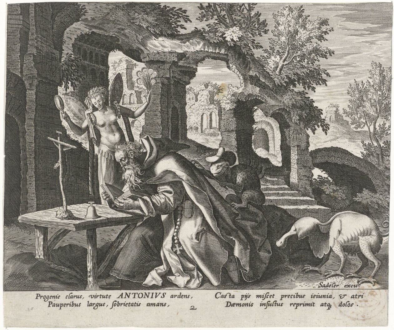 Antônio, o Grande como um eremita Eremitas Masculinos (título da série) Solitudo Sive Vitae Patrum Eremicolarum (título da série) de Johann Sadeler (I)