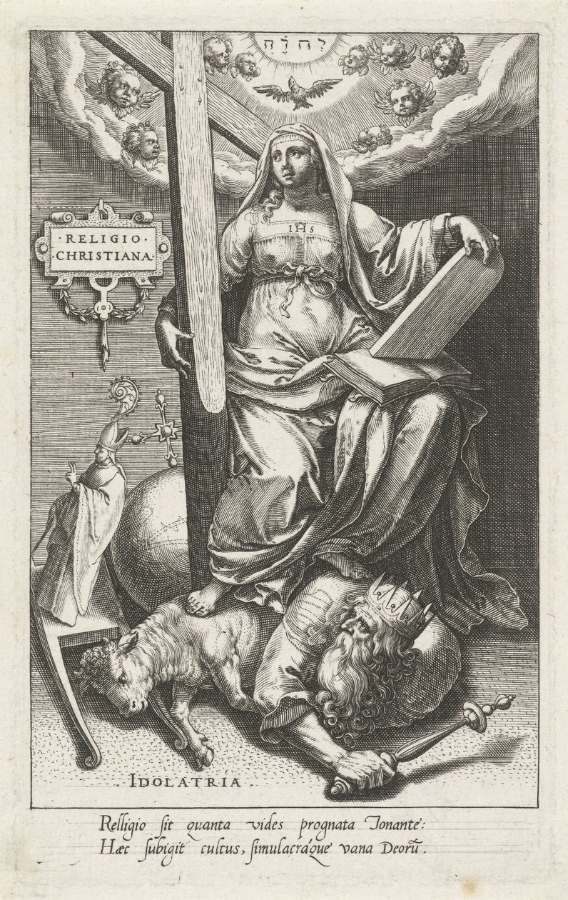 Religião Cristã (Religio Christiana) supera a idolatria (Idolatria)
Religio Christiana (título sobre o objecto)
Virtudes vencem vícios (título da série) de Johann Sadeler (I)