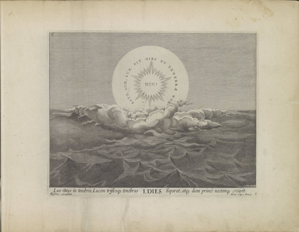 Primeiro dia da criação: separação da luz e da escuridão
Criação do mundo (título da série)
Theatrum Biblicum Hoc Est Historiae Sacrae Veteris et Novi Testamenti Tabulis Aeneis Expressae (título da série) de Johann Sadeler (I)