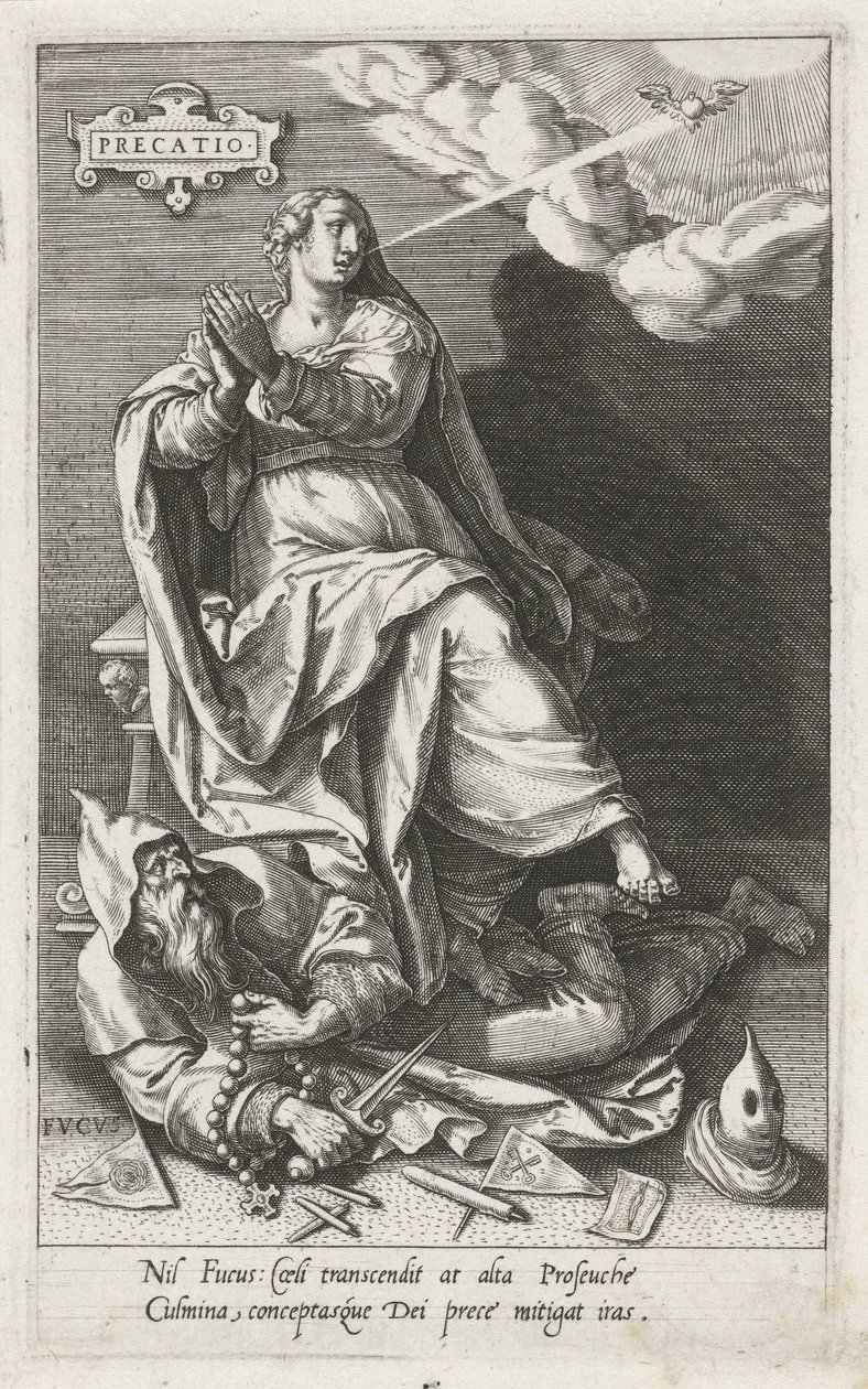 A Oração (Precatio) Vence a Hipocrisia (Fucus) Precatio (título no objeto) As virtudes vencem os vícios (título da série) de Johann Sadeler (I)