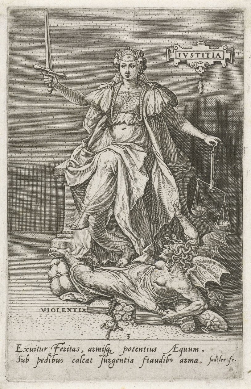 A Justiça (Justitia ) supera a Violência (Violentia)
Justificação (título sobre o objecto)
Virtudes vencem vícios (título da série) de Johann Sadeler (I)