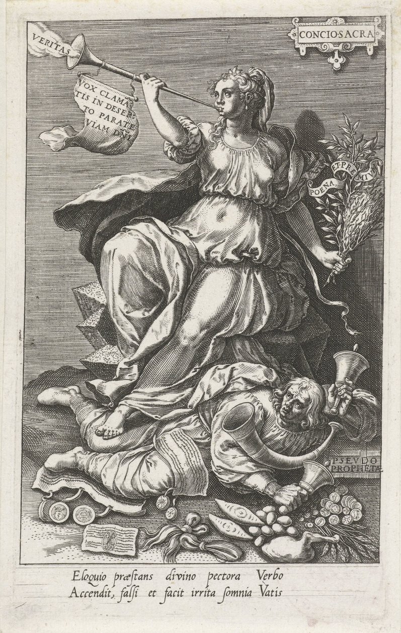 A Consciência (Conciosacra) Vence os Falsos Profetas (Pseudo Prophetae) Conciosacra (título no objeto) As virtudes vencem os vícios (título da série) de Johann Sadeler (I)