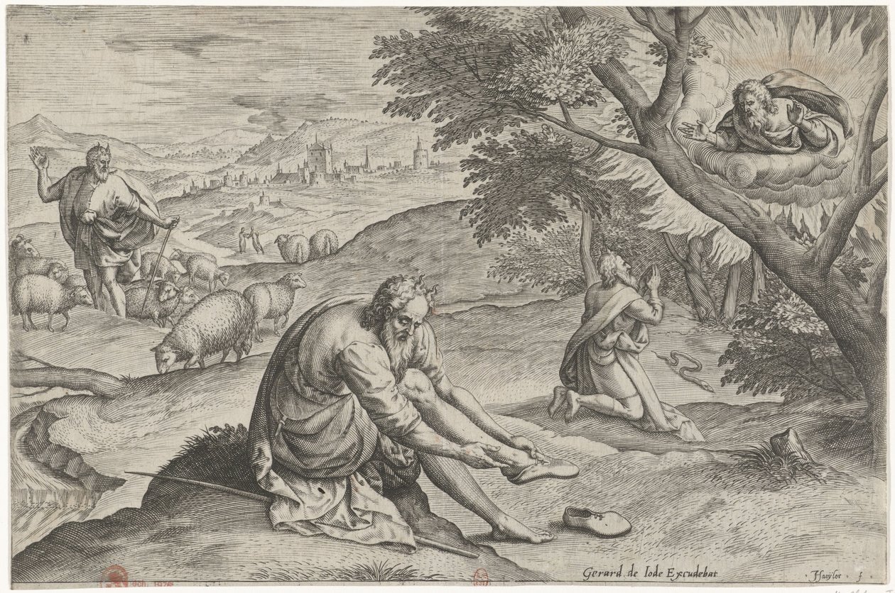 Deus aparece a Moisés no arbusto em chamas
História de Moisés antes do Êxodo (título da série)
Historia plagarum em Aegijpto (título da série) de Johann Sadeler (I)