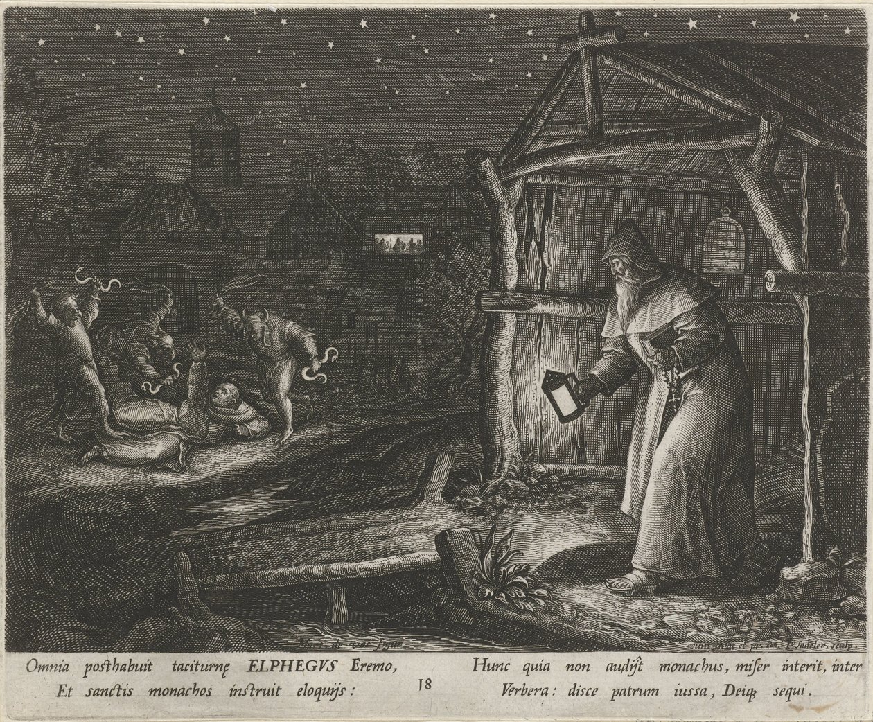 Santo Alfego de Cantuária como eremita
A vida virtuosa dos ermitãos (título da série)
Trophaeum vitae solitariae (título da série) de Johann Sadeler (I)