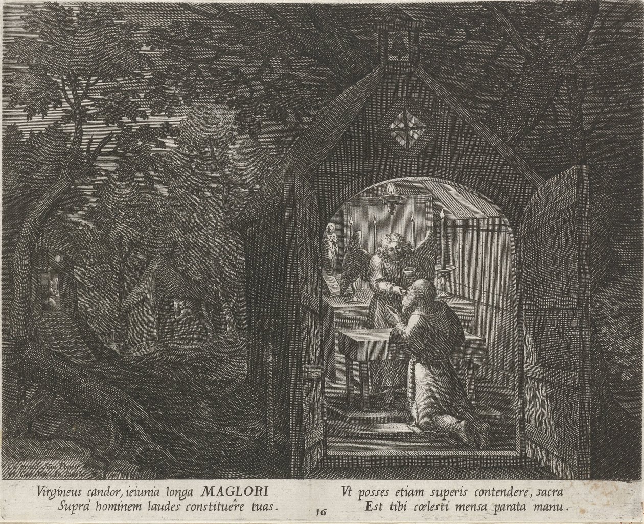 São Maglor como Eremita Eremitas (título da série) Oraculum Anachoreticum (título da série) de Johann Sadeler (I)