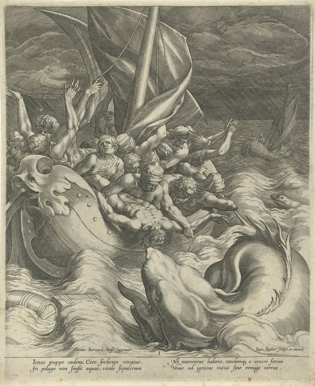 Jonas é atirado borda fora pelos pescadores
Jonas e a baleia como prefigurando o enterro de Cristo (título da série) de Johann Sadeler (I)