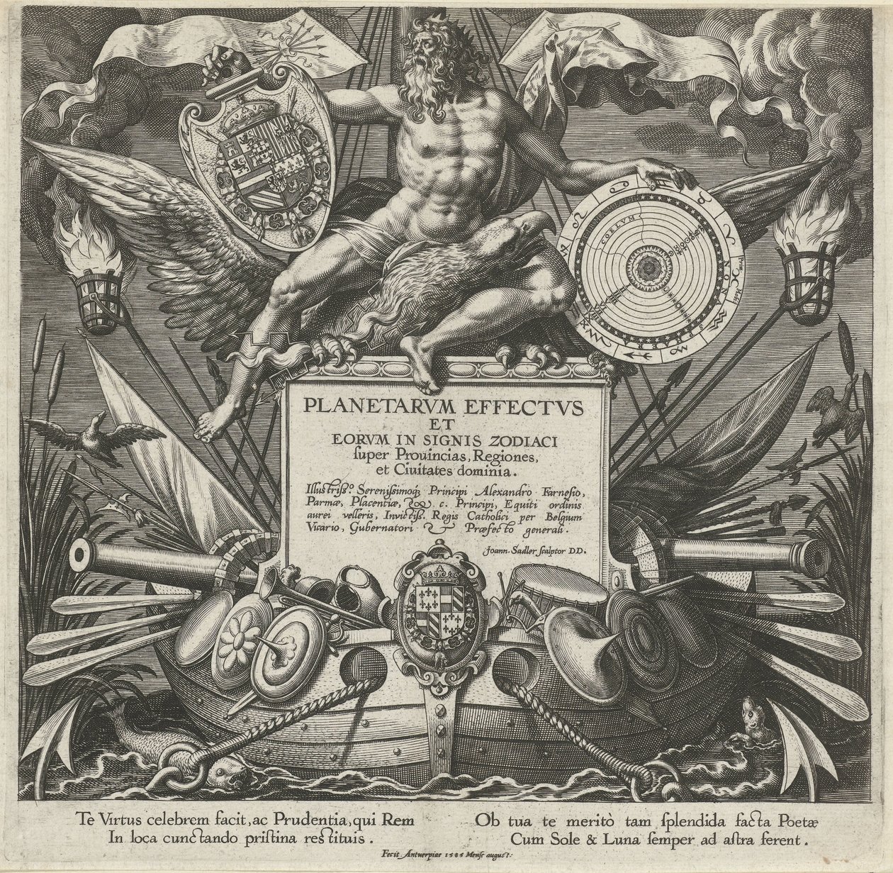 Júpiter em een ​​oorlogsschip conheceu o wapen van Alessandro Farnese Titelprent van een prentserie over de influence van de planeten over streken Efeitos dos planetas e seus signos no zodíaco (título da série) Efeitos e efeitos planetários nos signos do z de Johann Sadeler (I)