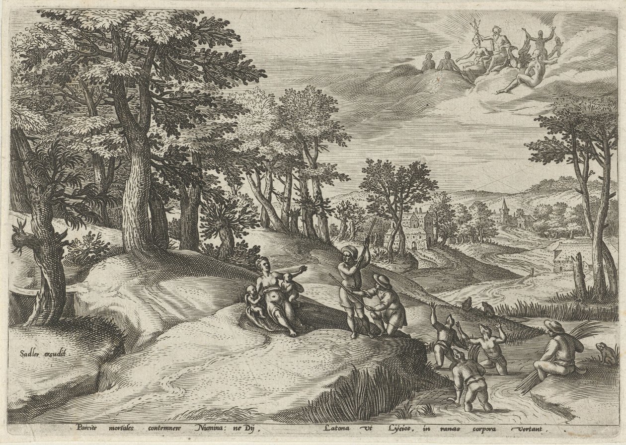 Leto (Latona) transforma os Lícios em sapos Paisagens com cenas mitológicas (título da série) de Johann Sadeler (I)