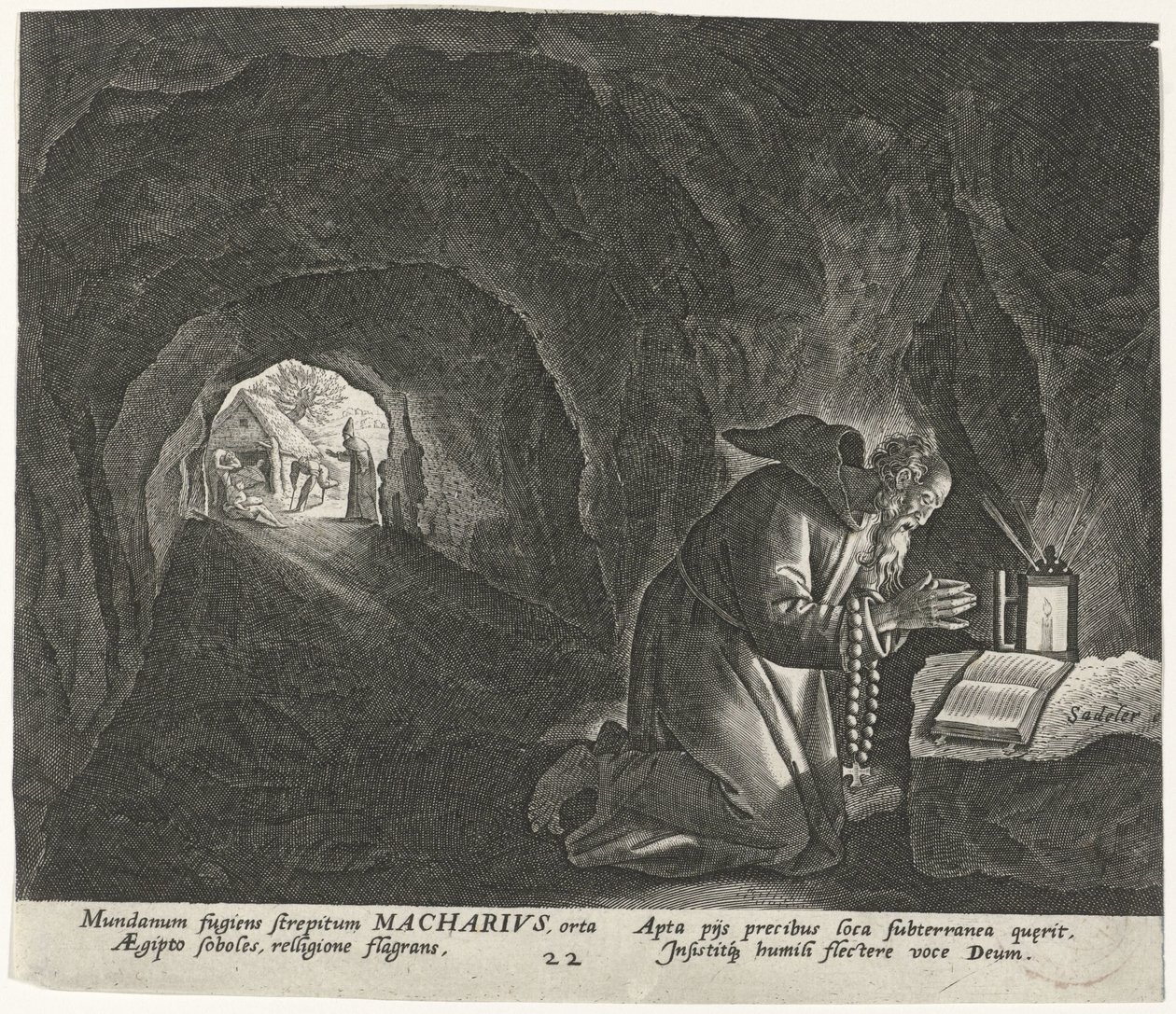Macário do Egito como um eremita Eremitas Masculinos (título da série) Solitudo Sive Vitae Patrum Eremicolarum (título da série) de Johann Sadeler (I)