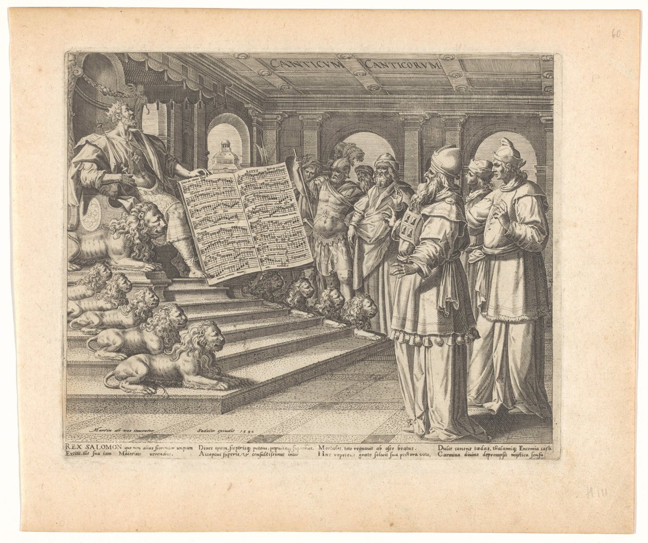 Impressão de moteto e página de título com Salomão como compositor do Cântico dos Cânticos Canticum Canticorum (título no objeto) Cantares de Salomão (título da série) de Johann Sadeler (I)
