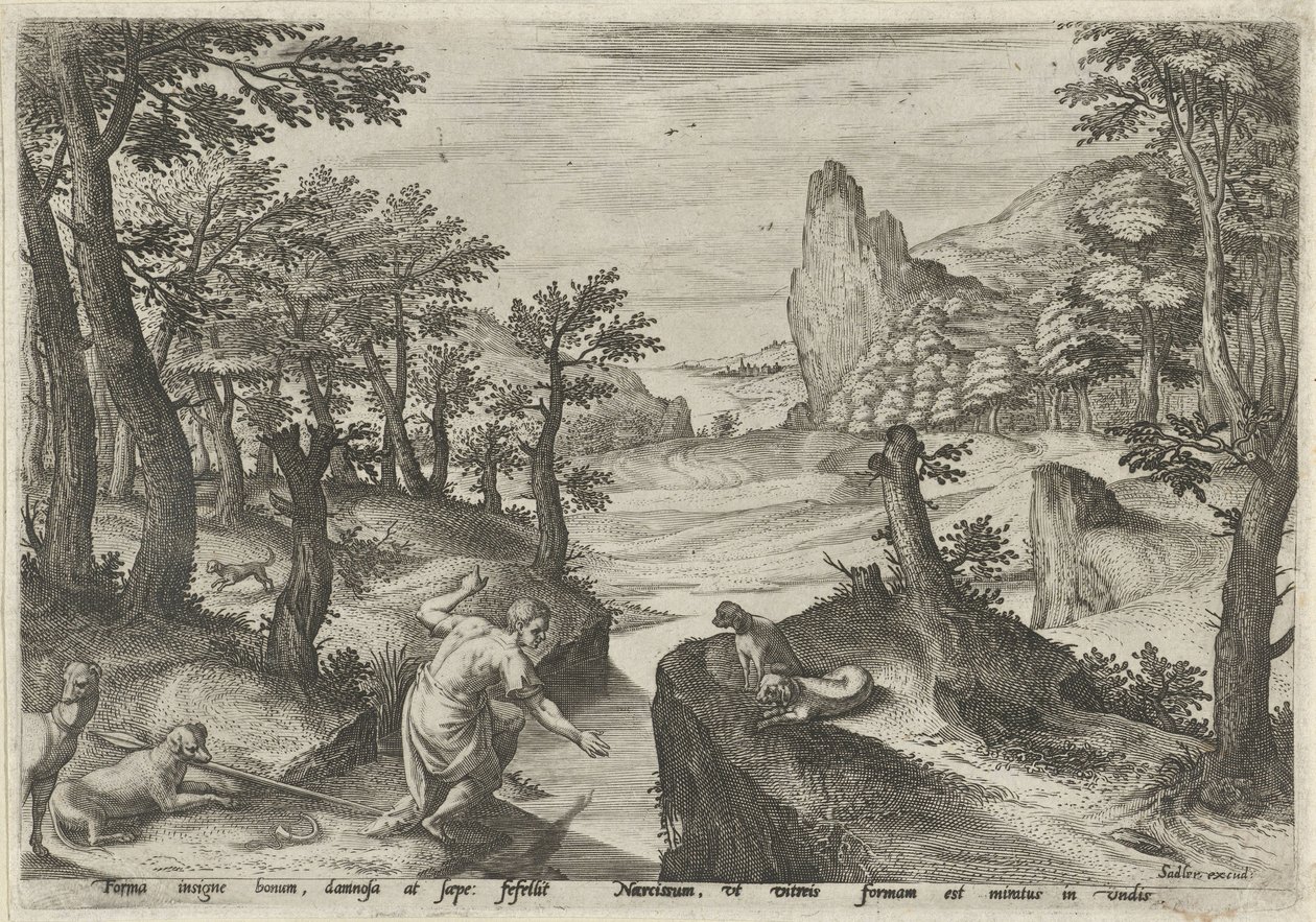 Narciso
Paisagens com cenas mitológicas (título da série) de Johann Sadeler (I)
