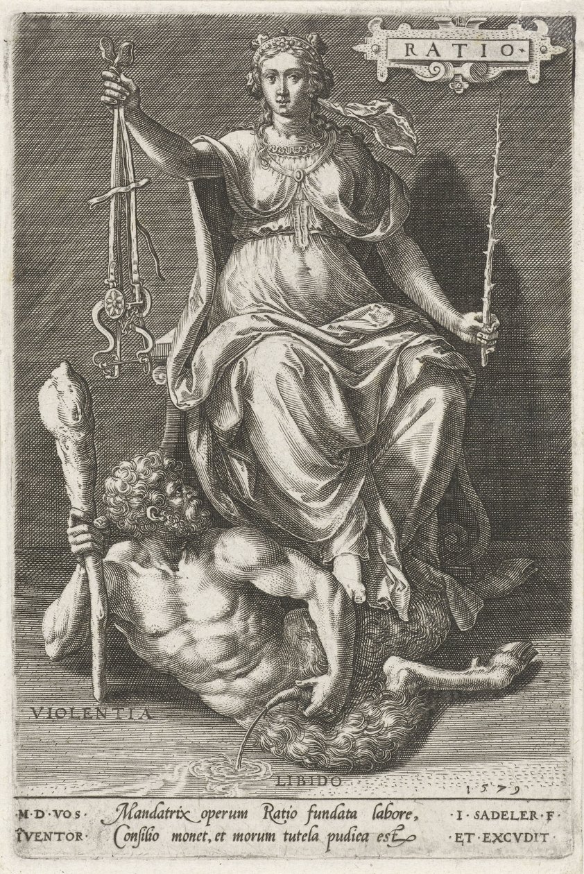 Razão (Ratio) supera Violentia (Violentia) Proporção (título no objeto) As virtudes vencem os vícios (título da série) de Johann Sadeler (I)