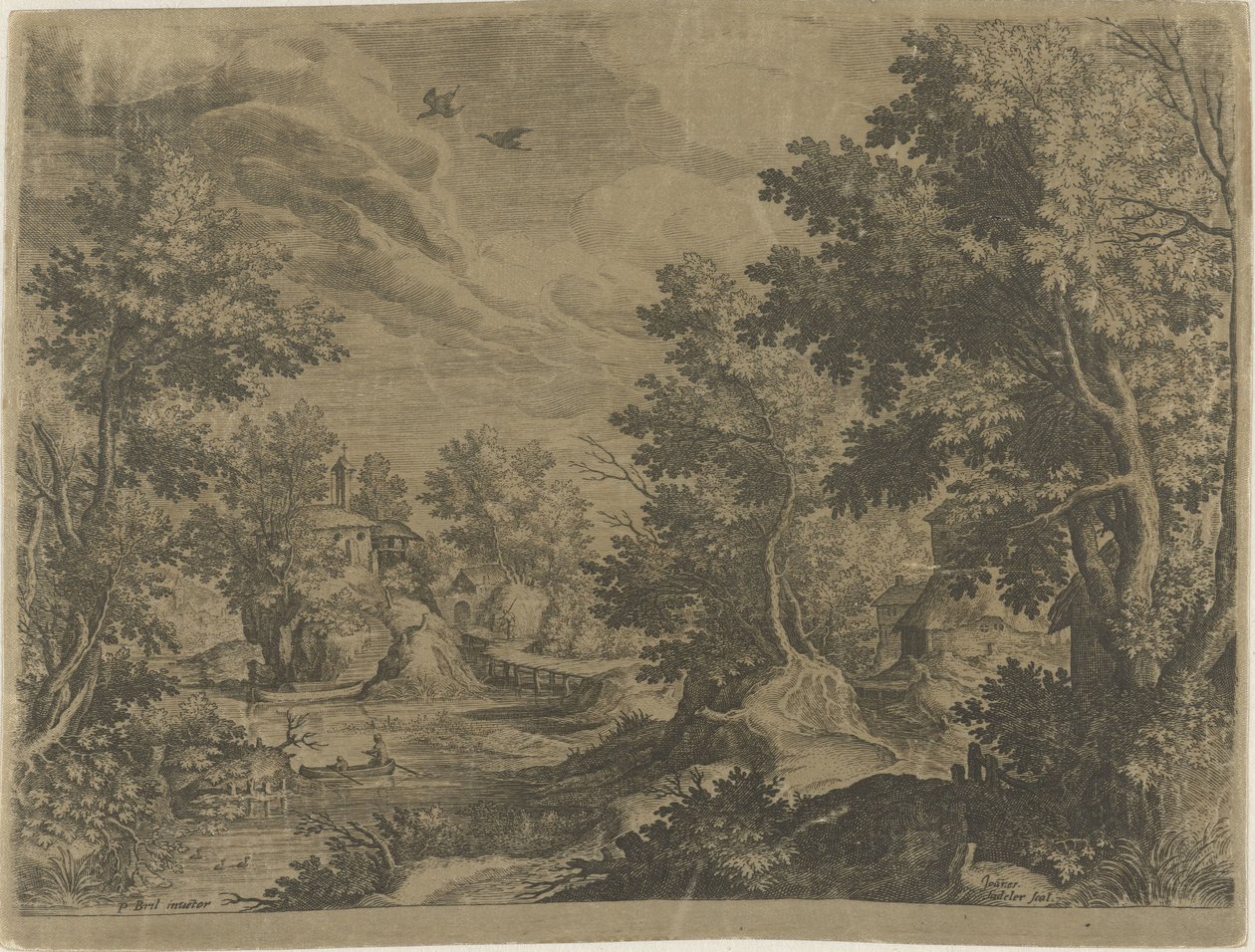 Paisagem do rio com um barco a remo de Johann Sadeler (I)