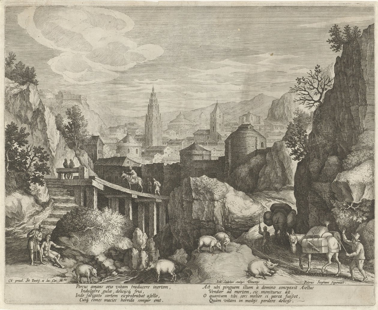 Paisagem rochosa com a fábula do burro e o javali Emblemas em uma paisagem (título da série) de Johann Sadeler (I)