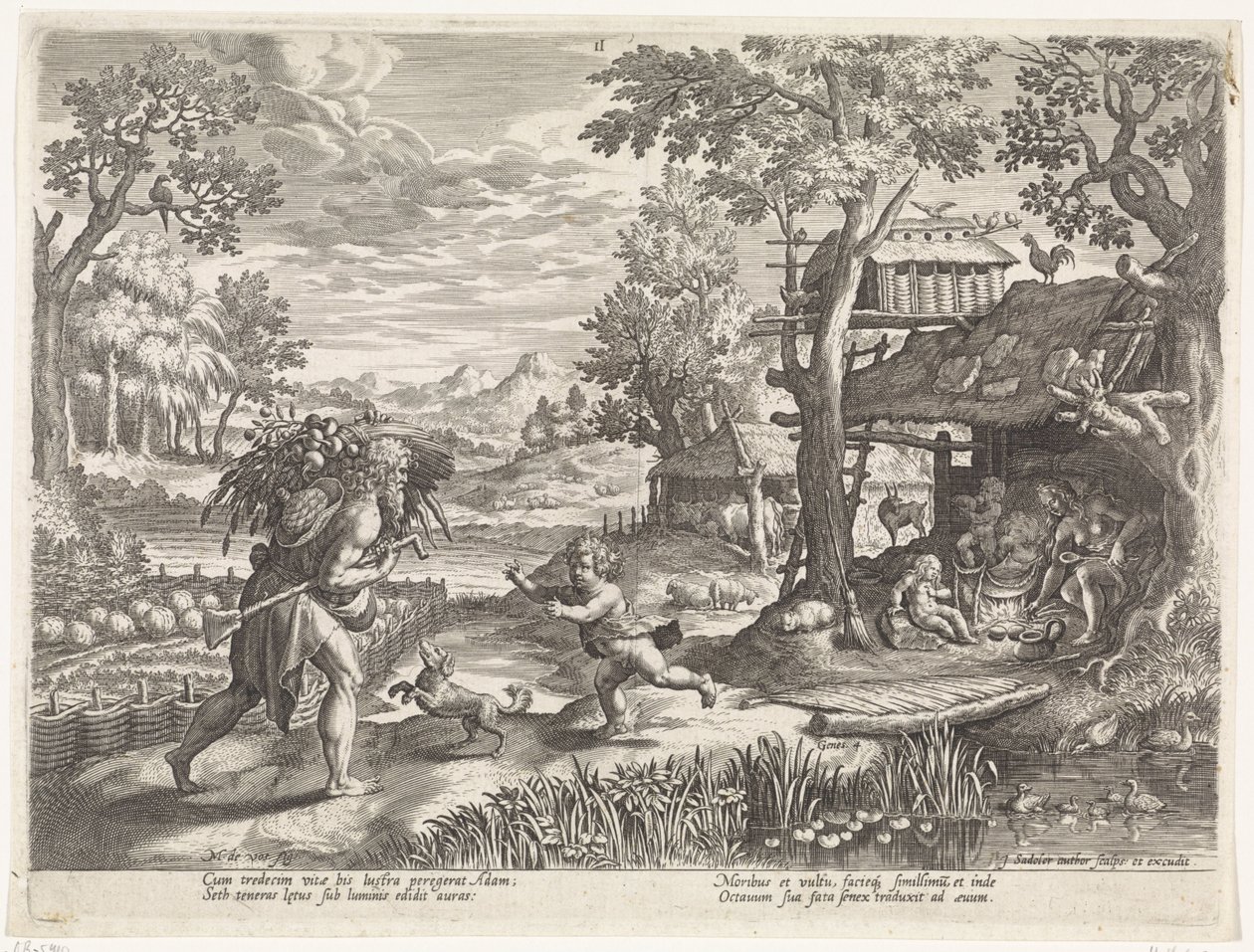 Set cumprimenta Adam em seu retorno do campo História da família de Set / Julgando o bom e o ruim (título da série) Bonorum et Malorum consensio (título da série) de Johann Sadeler (I)