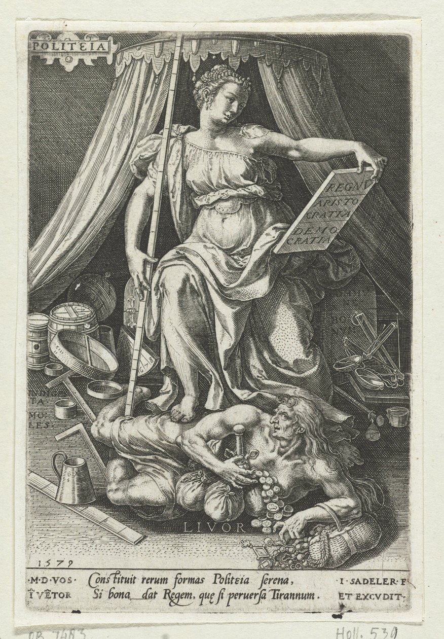 A arte do Estado (Politeia) conquista a Inveja (Livor) Politeia (título no objeto) As virtudes vencem os vícios (título da série) de Johann Sadeler (I)