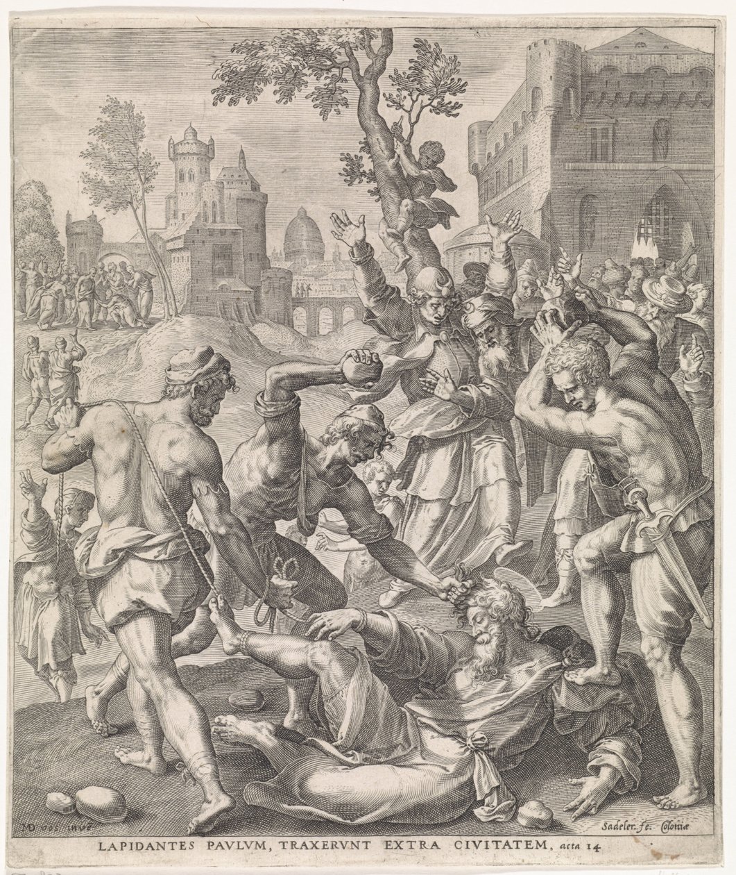 Apedrejamento do Apóstolo Paulo Atos dos Apóstolos (título da série) de Johann Sadeler (I)