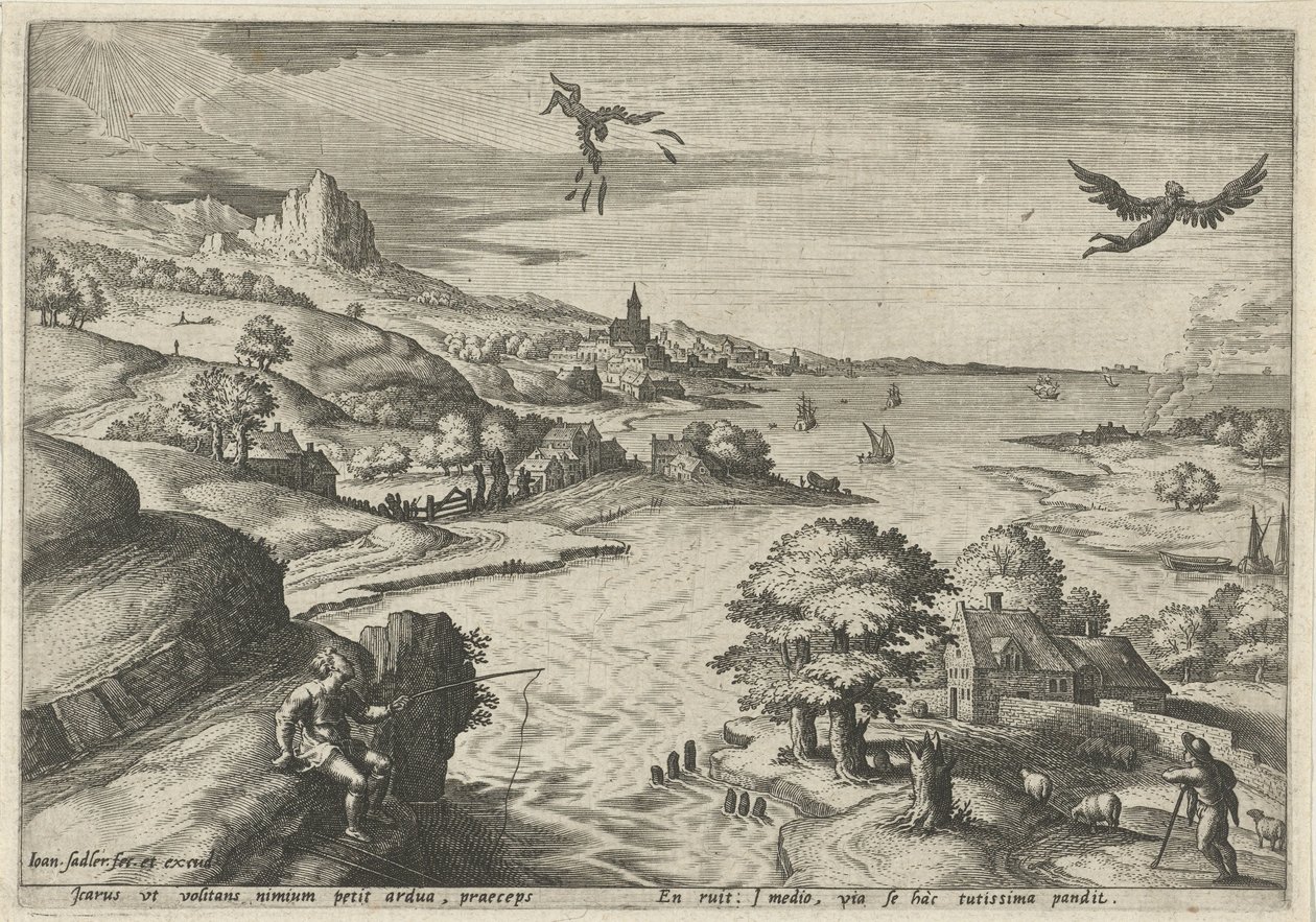 Queda de Ícaro Paisagens com cenas mitológicas (título da série) de Johann Sadeler (I)