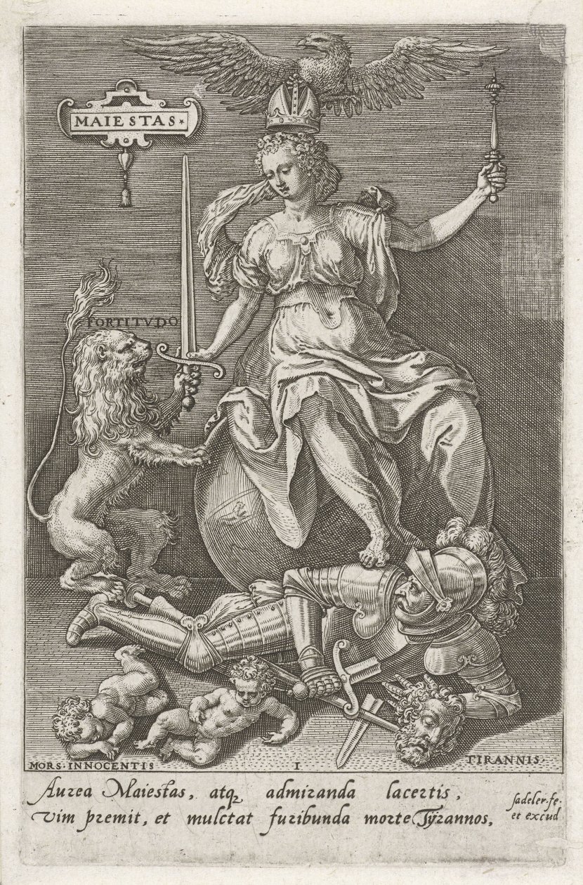 Dignidade (Majestas) supera Tirania (Tyrannis) Maiestas (título no objeto) As virtudes vencem os vícios (título da série) de Johann Sadeler (I)