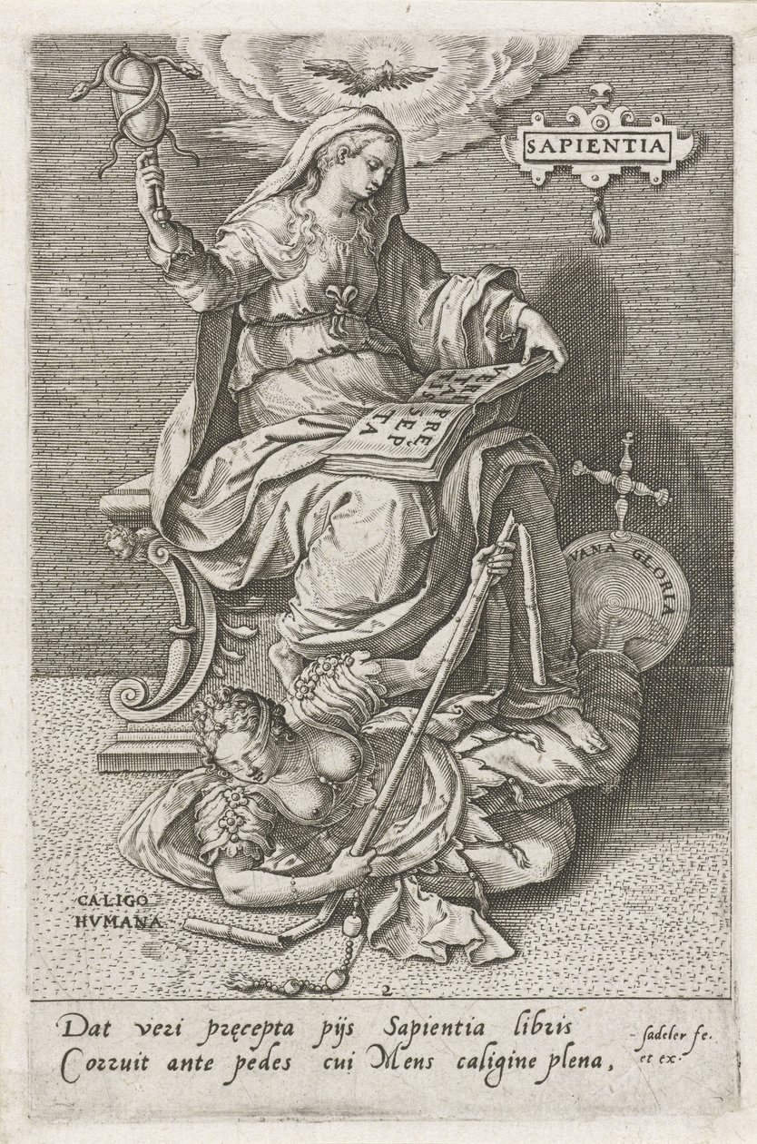 A sabedoria (Sapientia) supera a perplexidade humana (Caligo Humana)
Sapientia (título sobre o objecto)
Virtudes vencem vícios (título da série) de Johann Sadeler (I)