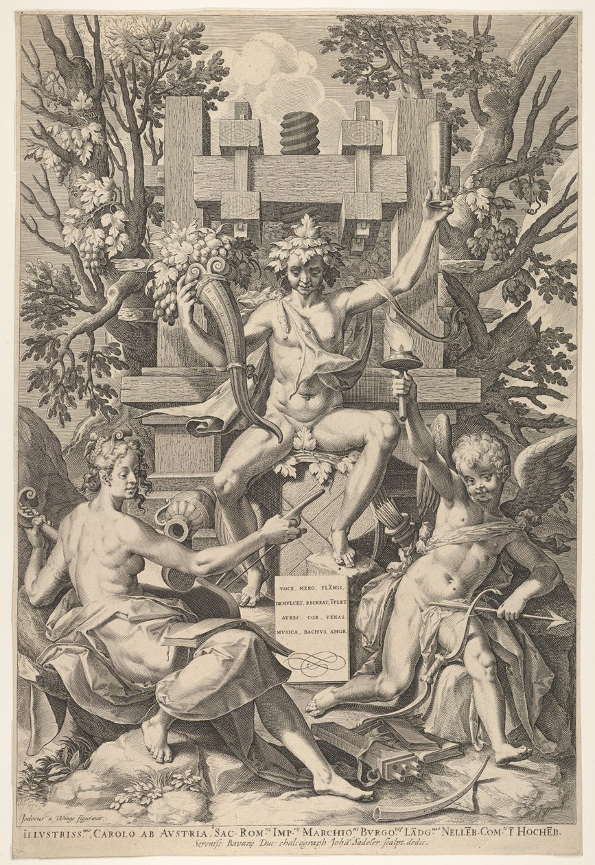 Baco, Música, Amor, 1575-1600. de Johann Sadeler I