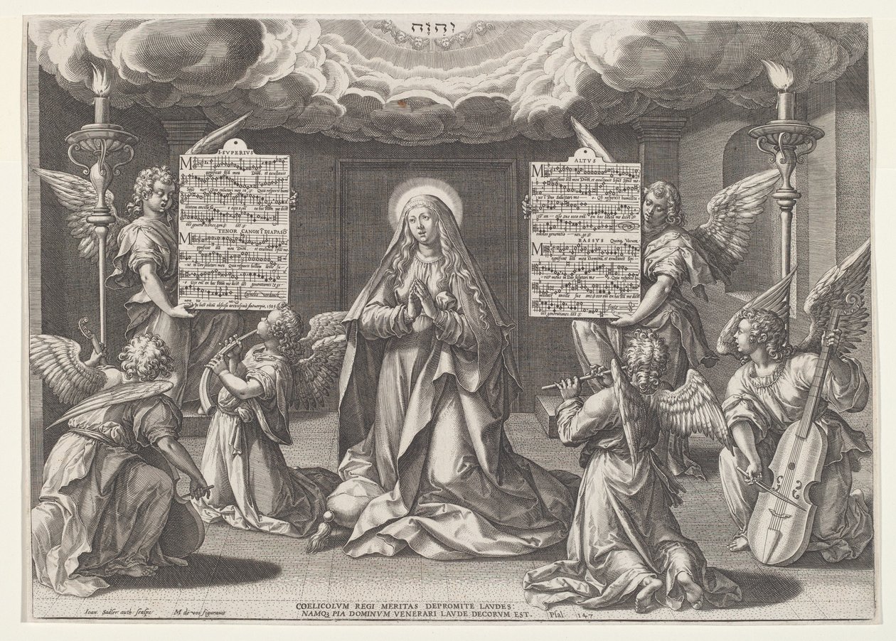 Magnificat: A Virgem cercada por anjos que fazem música, 1585. de Johann Sadeler I